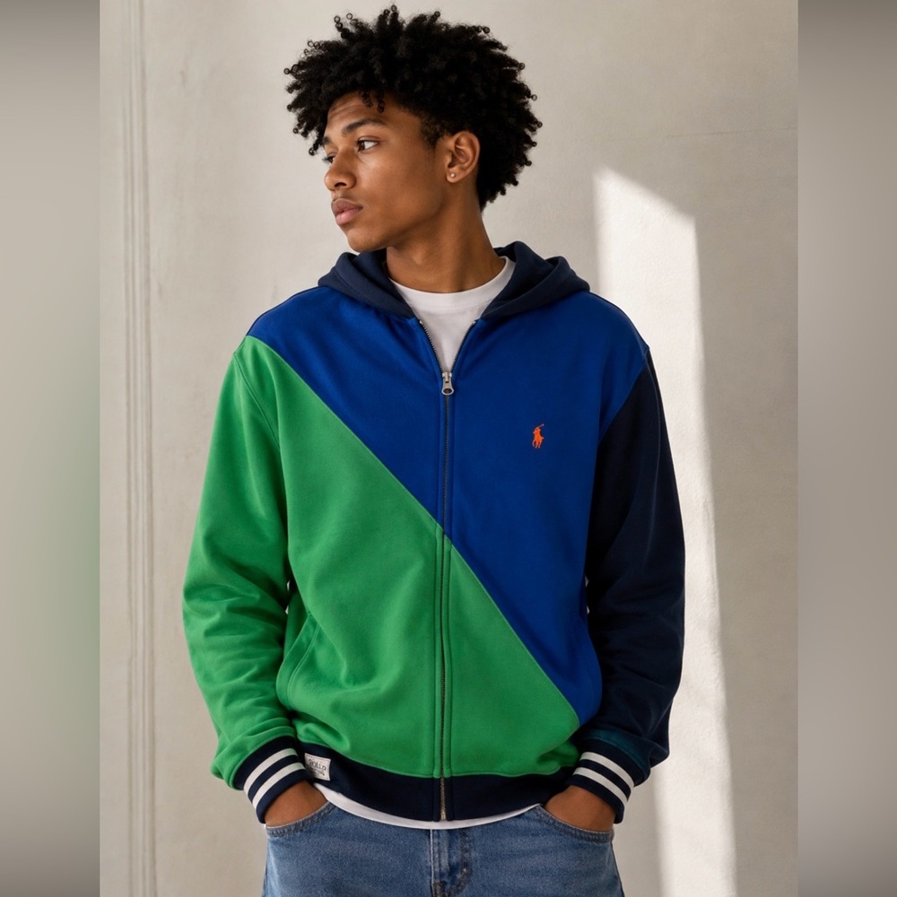 Polo by Ralph Lauren Diagonal Colorblock Zip Hoodie in Green, Royal Blue & Navy